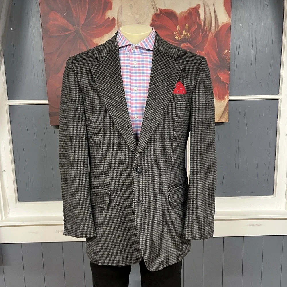 Vintage‎ Robert Stock Blazer Sport Coat Mens 40L Long Wool Flannel Gray/Navy